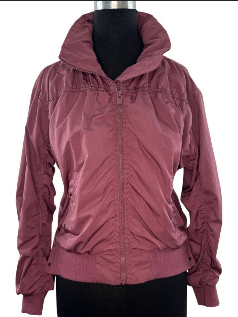 Athleta Point Reyes II Tawny Rose Bomber Jacket Ruched Sleeve Full Zip S Small